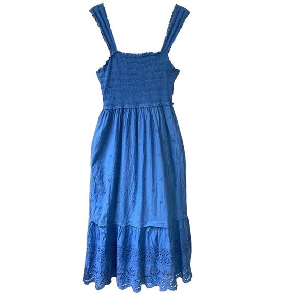 Betsey Johnson Square Neck Cotton Smocked Eyelet Embroidered Midi Dress Blue - M - Picture 3 of 8